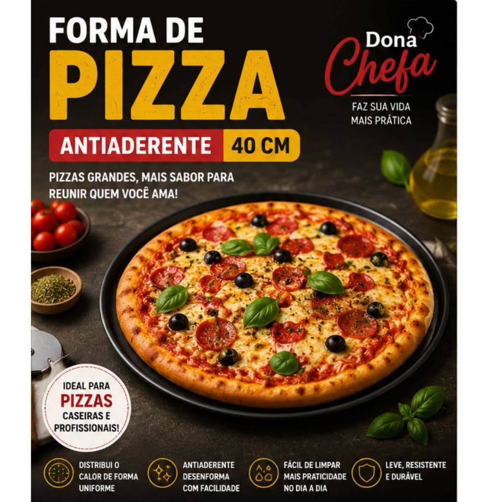 Forma de Pizza Antiaderente 40cm Dona Chefa | Assadeira Redonda para Pizza