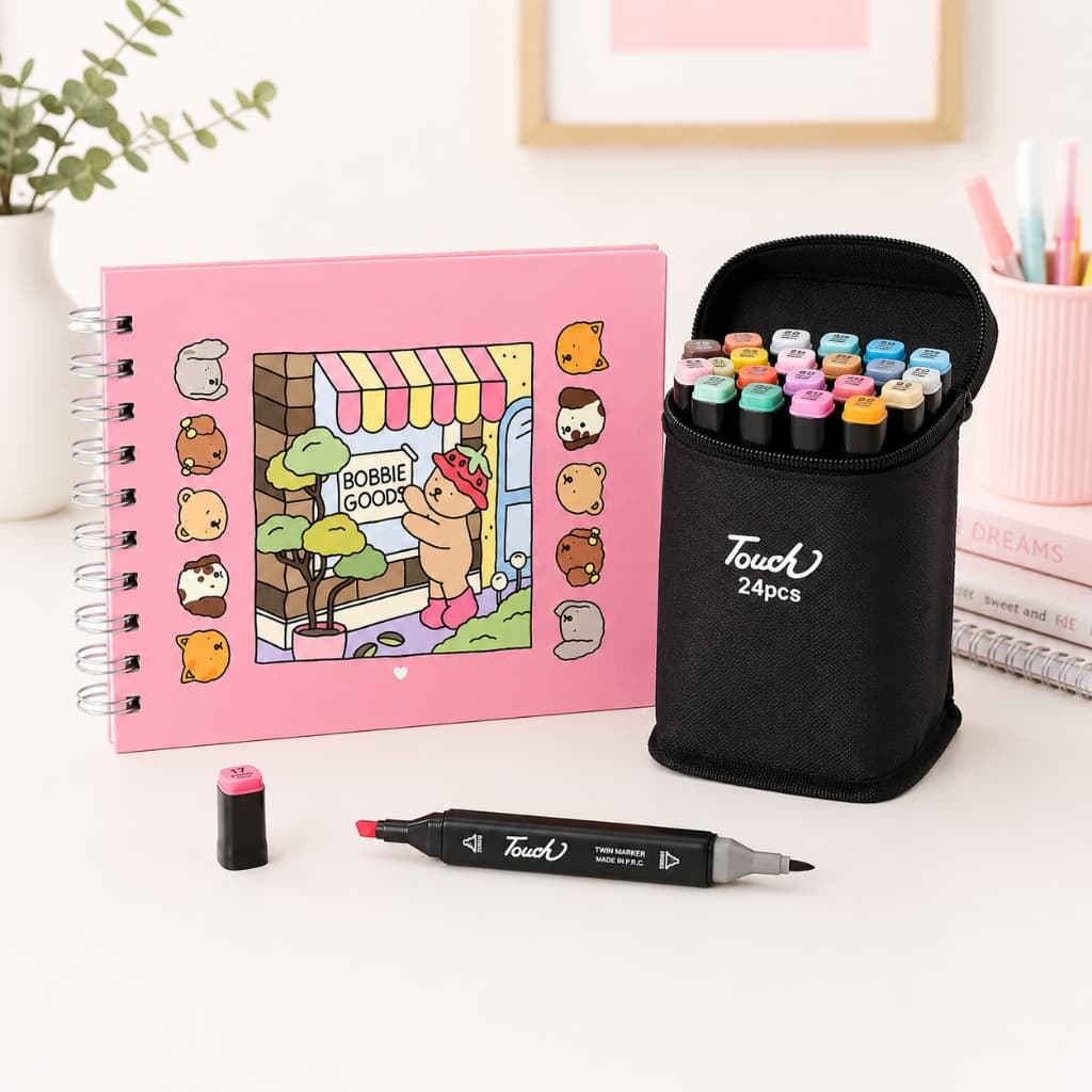 Conjunto Lúdico Infantil: Livro de Colorir Rosa Exclusivo + 24 Canetas Hidrocor – Arte e Habili