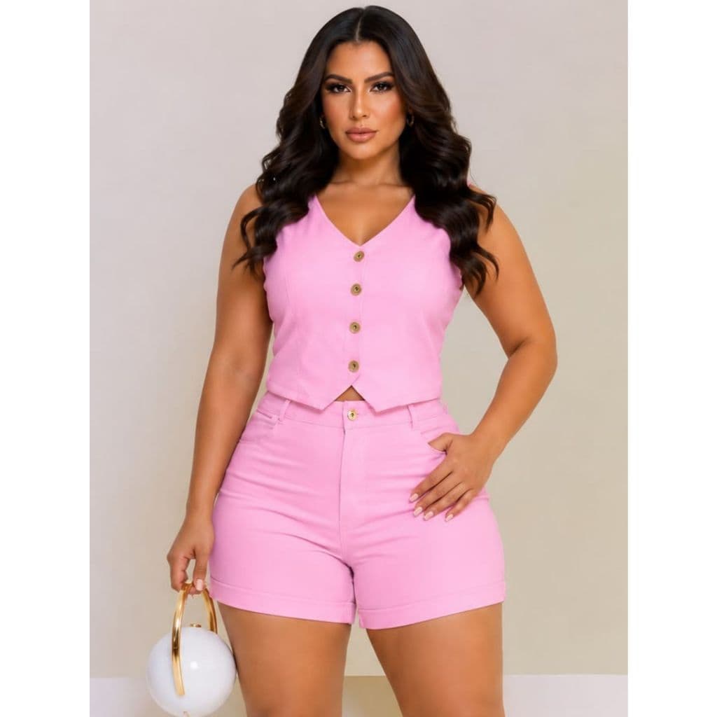 Conjunto Jeans Plus Size Short Barra Dobrada com Colete