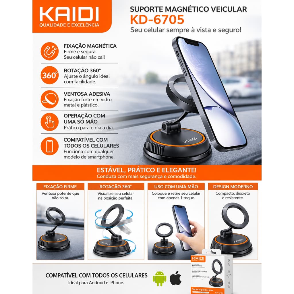 Suporte Celular Carro Magnético 360 Dobrável Ventosa Painel Suporte Magnético Forte Para Telefone Design Dobrável