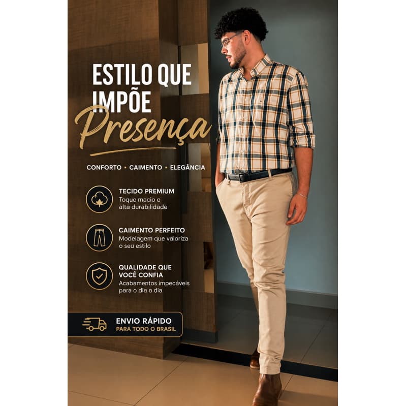 Calça Masculina Chino Esporte Fino Sarja Corte Reto Slim Lycra Bolso Faca Casual