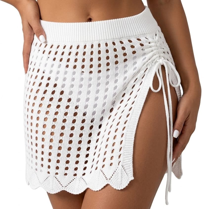 Saída de Praia Tricô Feminina Transparente com Transpasse Lateral Curta Cintura Média P ao G Verão