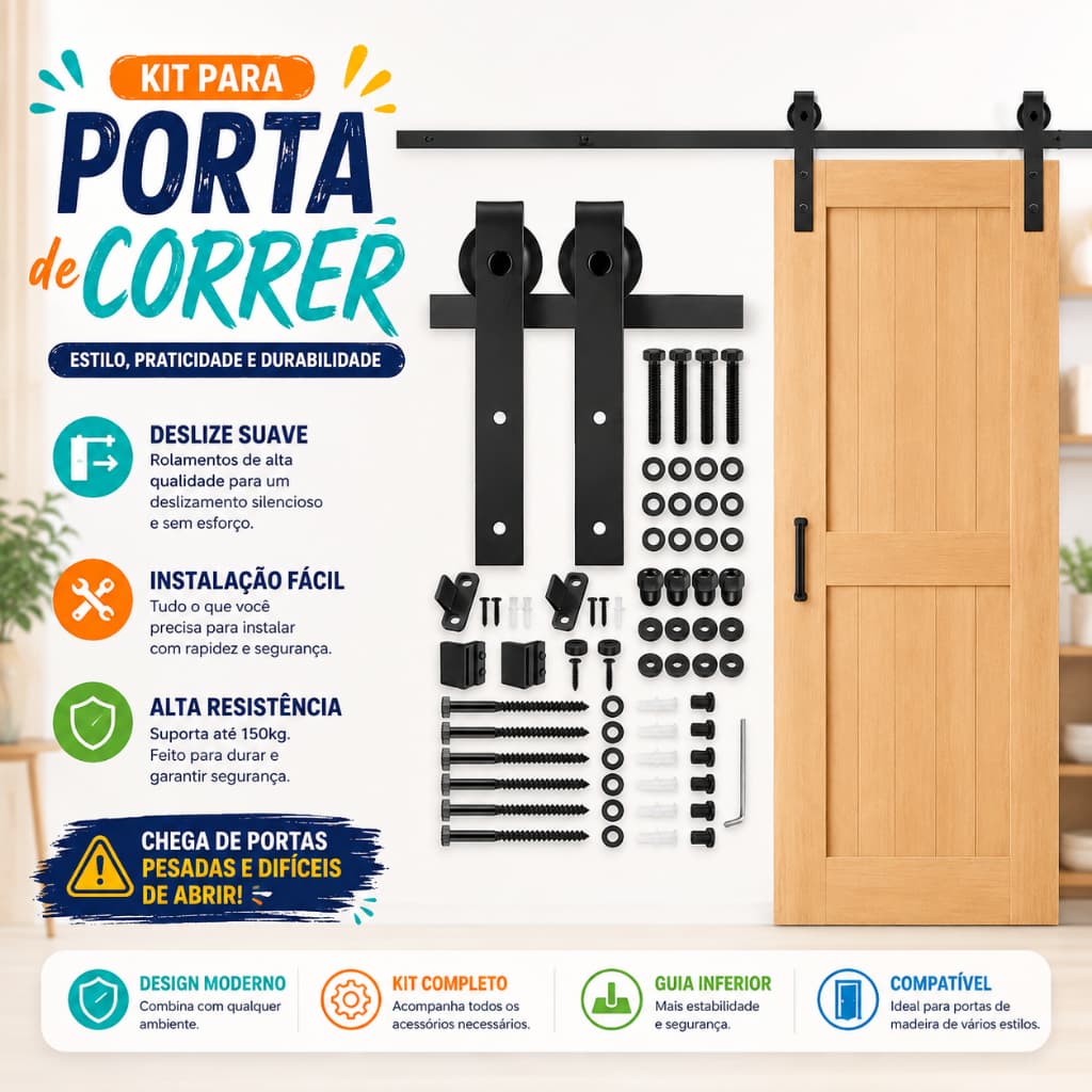 Kit para Porta 2M de Correr Celeiro Trilho Preto Roldanas Aparentes até 150kg Ferragens Completas