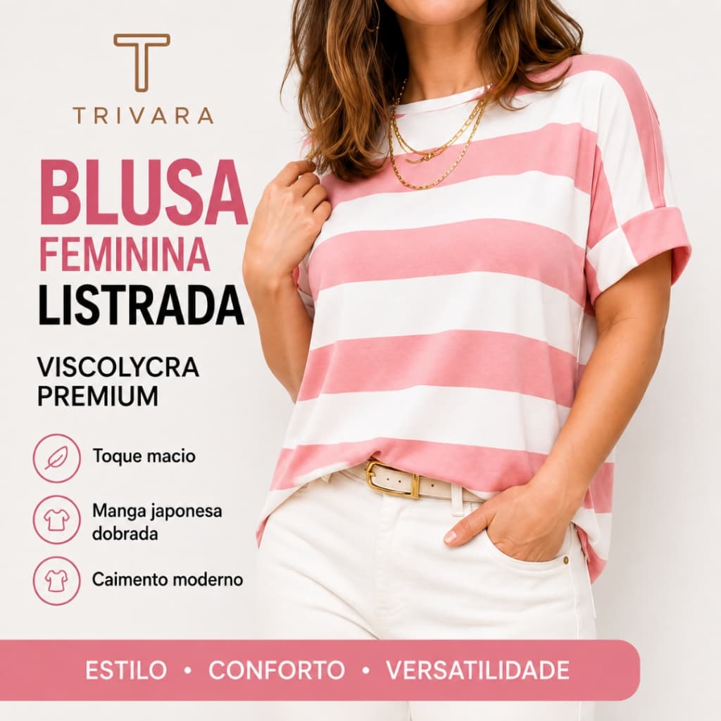 Blusa Listrada Feminina Tshirt Manga Japonesa Curta Dobrada Viscolycra Básica Moderna Moda Jovem