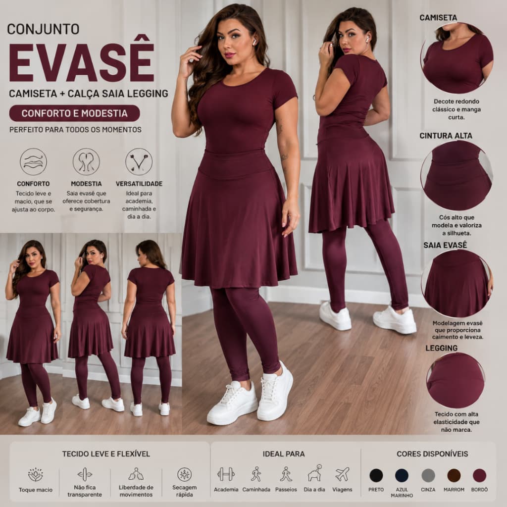 Conjunto Camiseta + Calça Saia Legging Evasê Evangélica Fitness Academia Caminhada Modesta