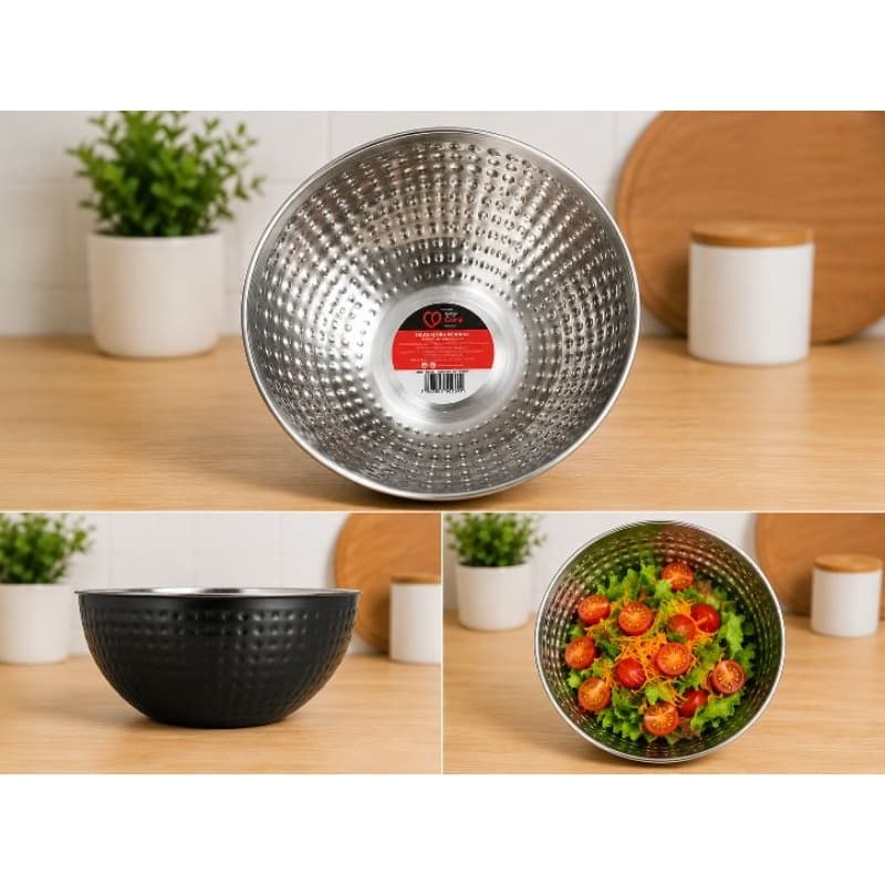 Saladeira Redonda Martelada Preta com Interior Inox 24 cm – Elegância e Praticidade