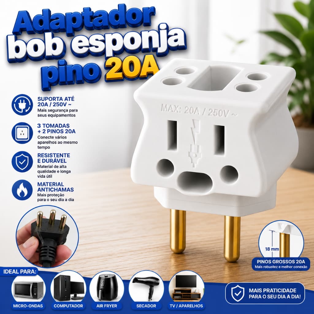 Adaptador Bob Esponja Branco Pino Grosso 20A – Bivolt