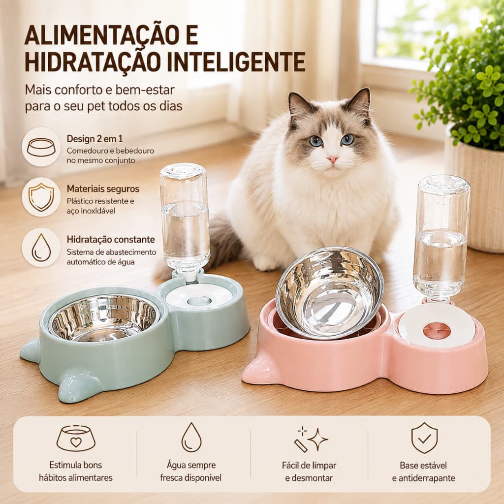 Comedouro e Bebedouro Automático para Cães e Gatos com Reservatório de Água