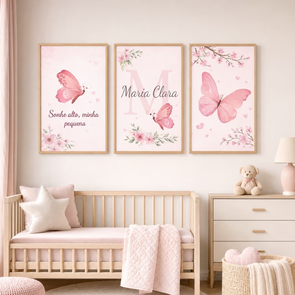 Trio de Quadros Infantil Personalizado com Nome Borboletas Rosa para Quarto de Menina