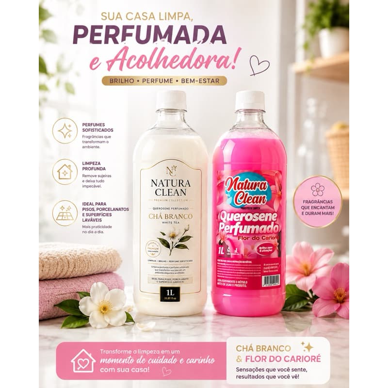 KIT 2 Querosene Perfumado 1L Natura Clean CHÁ BRANCO + FLOR DO CARIBE Limpa e Perfuma