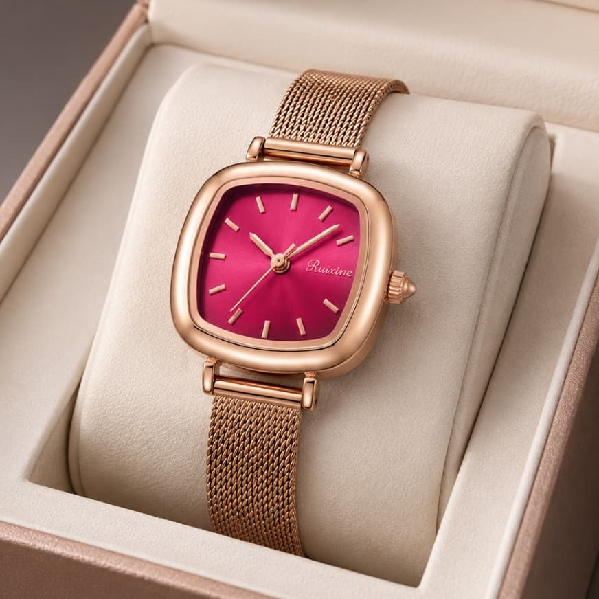 Relógio Feminino Quartzo Ruixine R-868 Vintage Aço Inoxidável À Prova D'água Mostrador Vermelho Escuro