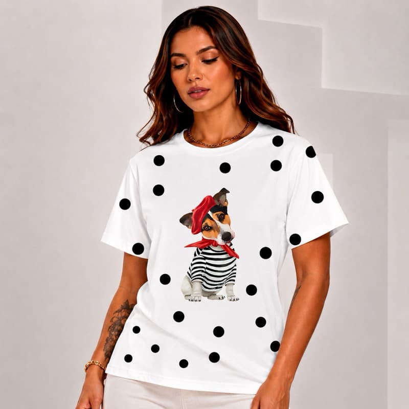 Camiseta Feminina Cachorro Fofo Estampada Algodão Premium Gola Redonda Casual Confortável Poá Moda Blogueira
