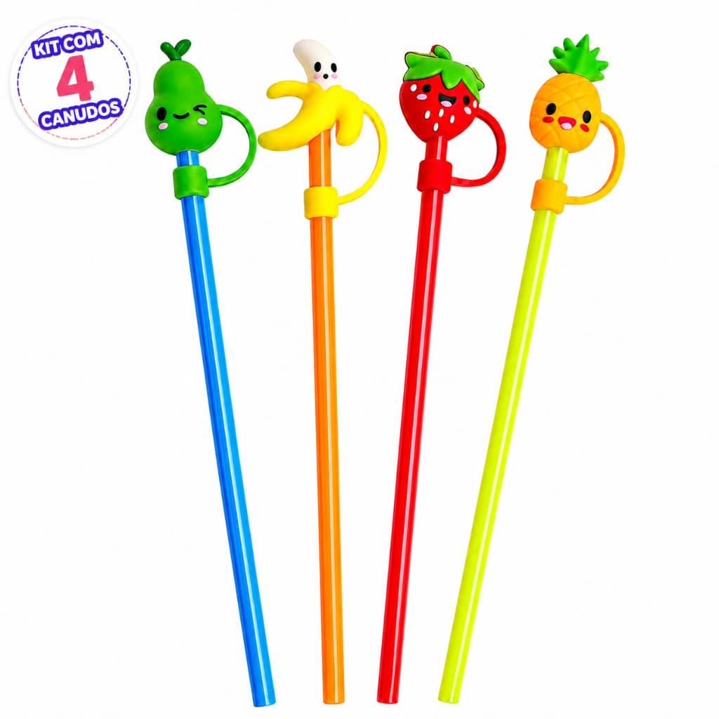 Kit Com 4 Canudos Reutilizáveis Divertidos Com Tampa Protetora Frutas 23CM 6mm