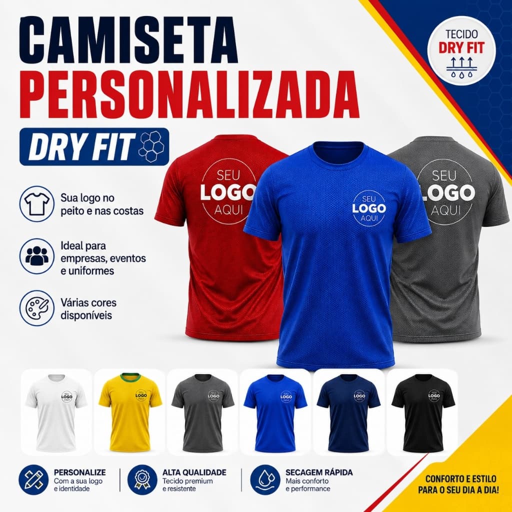 Camiseta Uniforme Personalizada Com Sua Arte Estampa Frente e Costas Dry Fit