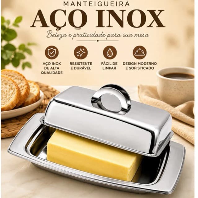 Porta Manteiga com Tampa inox Manteigueira Cozinha 20Cm