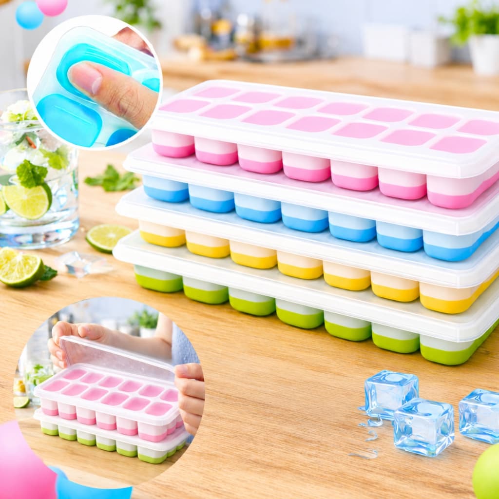 Kit 4 Formas de Gelo Silicone 14 Cubos com Tampa Rígida Fundo Flexível Desenforma Fácil Freezer
