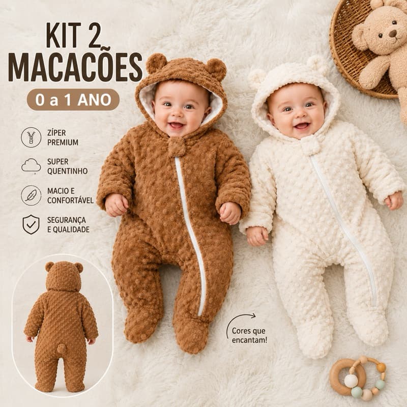 Kit 2 Macacões Bebê Premium Capuz Ursinho Forrado Zíper com Trava P 0-3M M 3-6M G 6-9M GG 9-12M