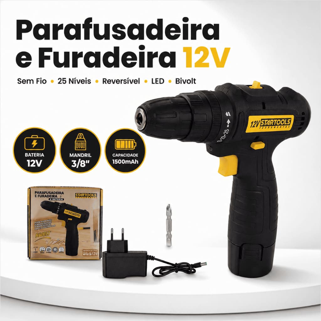Parafusadeira Furadeira 12V Sem Fio com Bateria Recarregável, LED e 25 Níveis de Torque Dia dos pais