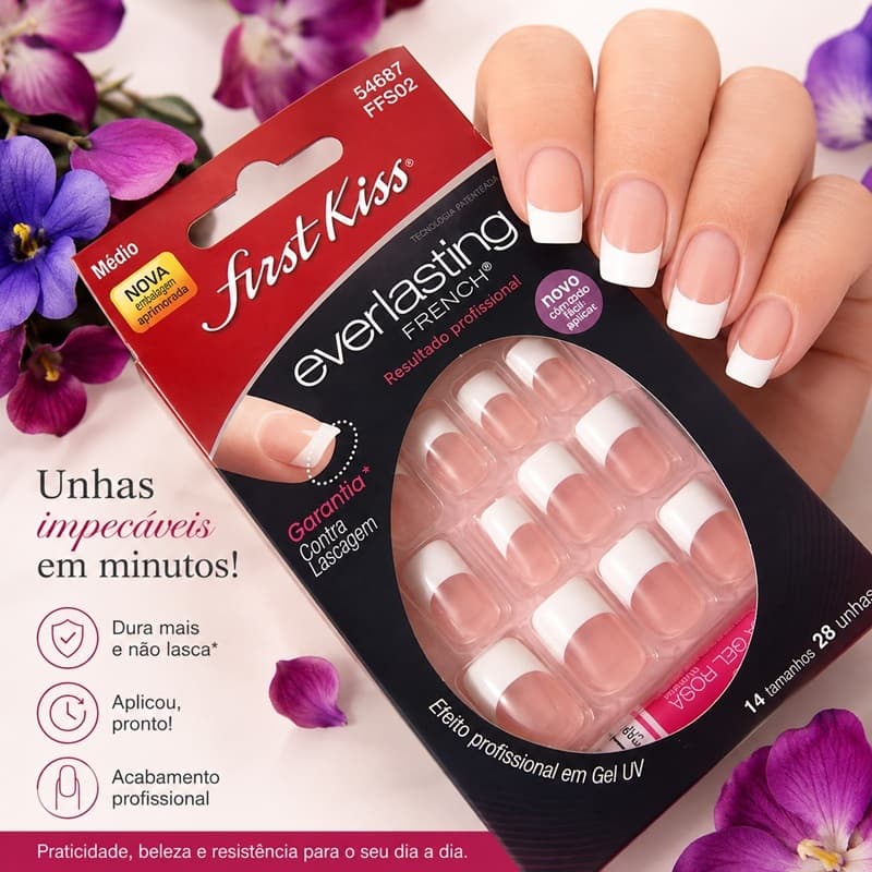 Unha Postiça First Kiss Everlasting French Francesinha Gel UV Média 28 Unidades