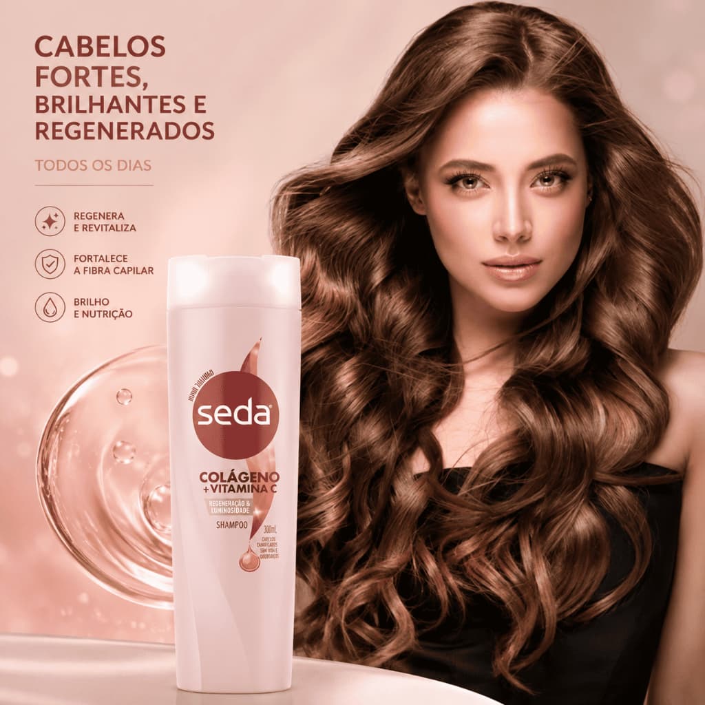 Shampoo Seda Colágeno + Vitamina C 300ml Regeneração, Brilho e Nutrição para Cabelos Danificados