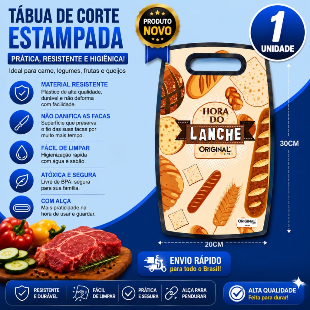 1 Unidade Tabua de Corte Resistente Carne Legumes Frutas Queijo Plástico Estampada 20x30cm
