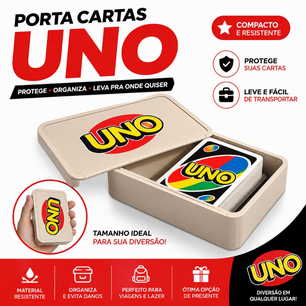 Porta Cartas UNO com Tampa | Estojo Organizador para Baralho UNO | Caixa Protetora Resistente para Cartas | Presente par