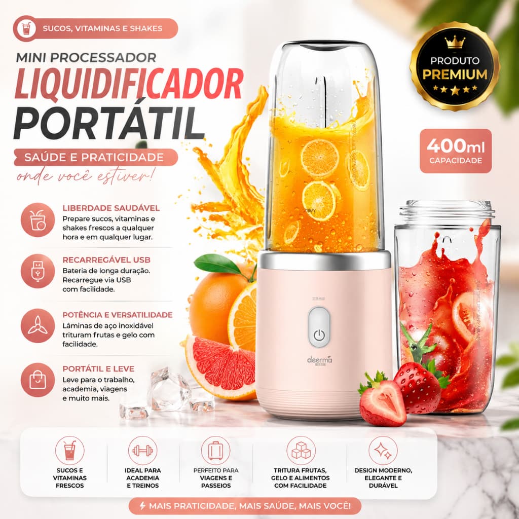 Rosa - Mini Processador Liquidificador Portátil USB 400ml Recarregável Sem Fio Triturador Shake Mixer Smoothie Bebê