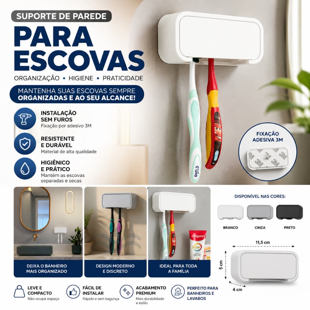 Porta Escovas de Dente Parede - Fixação Sem Furo – Suporte Para 4 e 2 Escovas + Fita Dupla Face