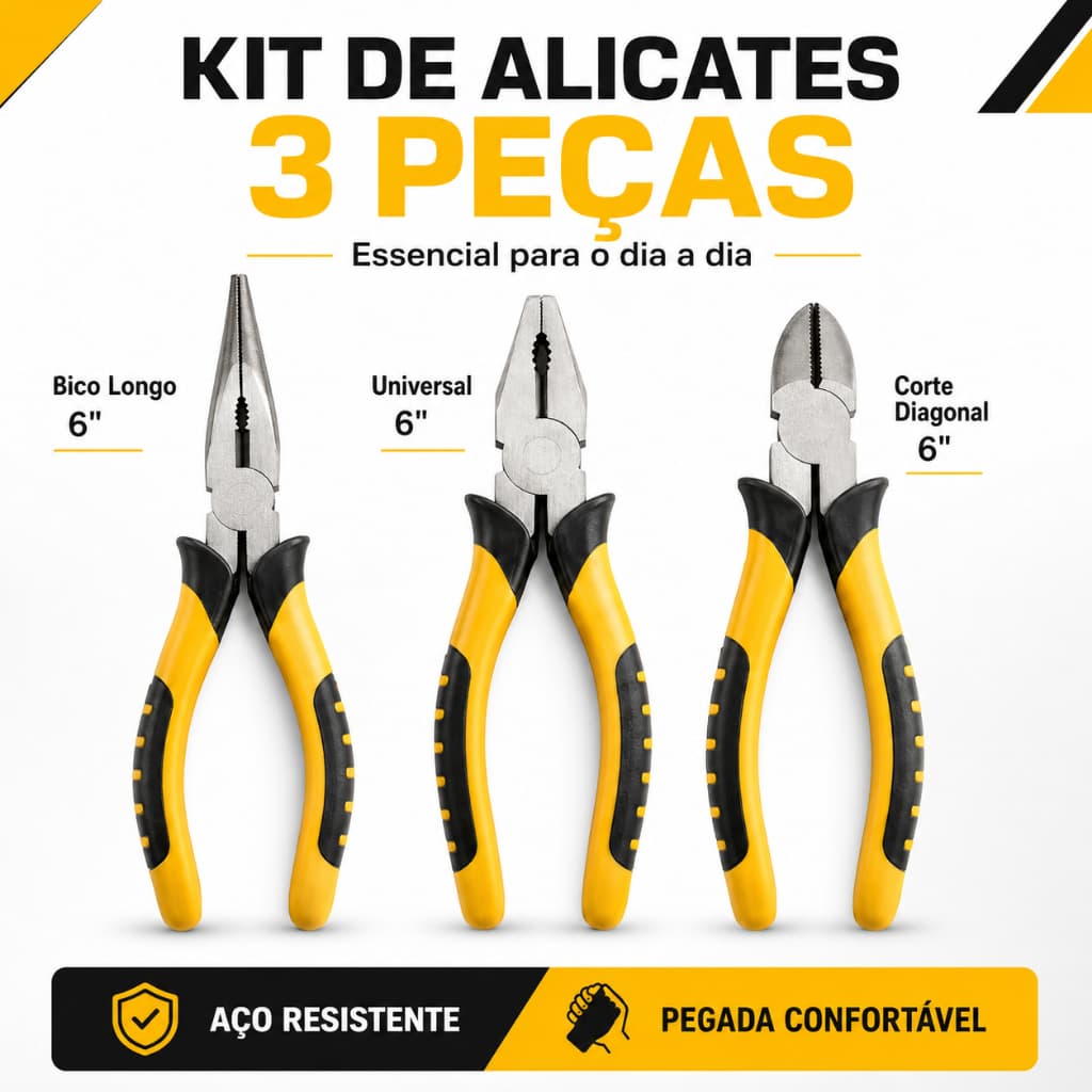 Jogo De Alicates Profissional 3 Peças Aço CR-V - Universal Corte Diagonal E Bico Longo 6 Polegadas Para Eletricista