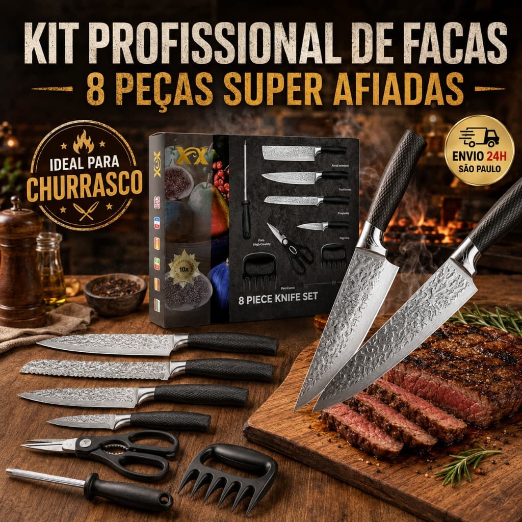 Kit Facas Profissional 8 Peças Aço Inox para Churrasco e Cozinha com Tesoura Garfo e Amolador