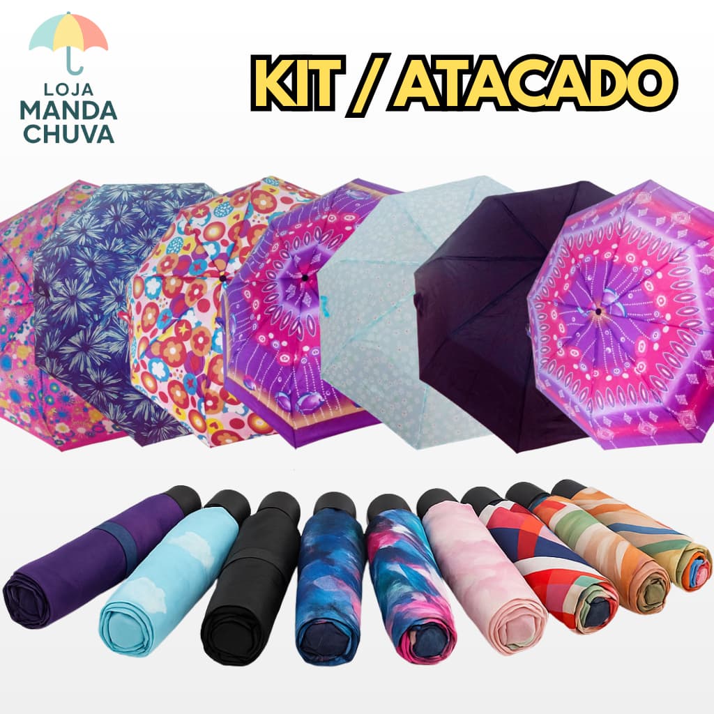 KIT 14/20/24 Guarda Chuva Sombrinha reforçada de bolsa dobravel grande e resistente mini estampada e preta atacado
