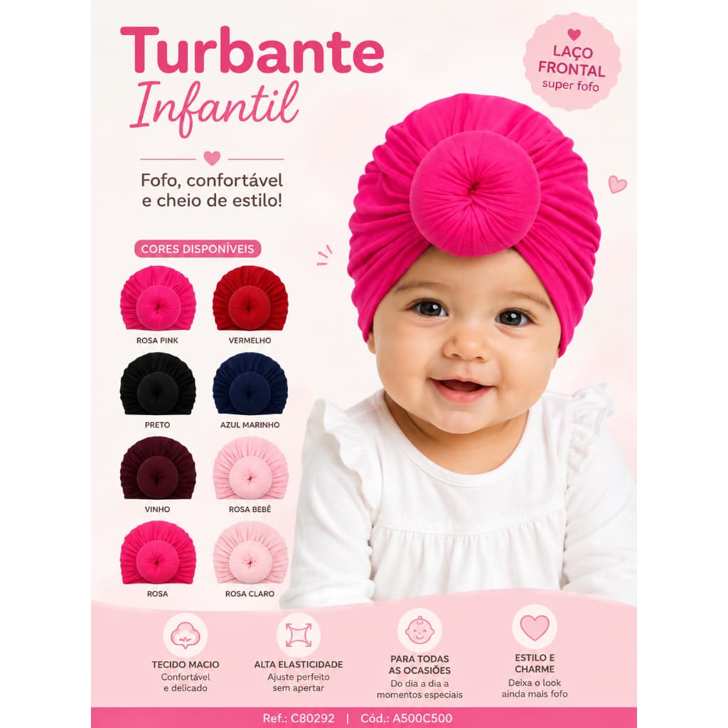 Turbante Infantil com Laço Grande em Tecido Macio e Elástico para Bebê Recém-Nascido Confortável Diversas Cores