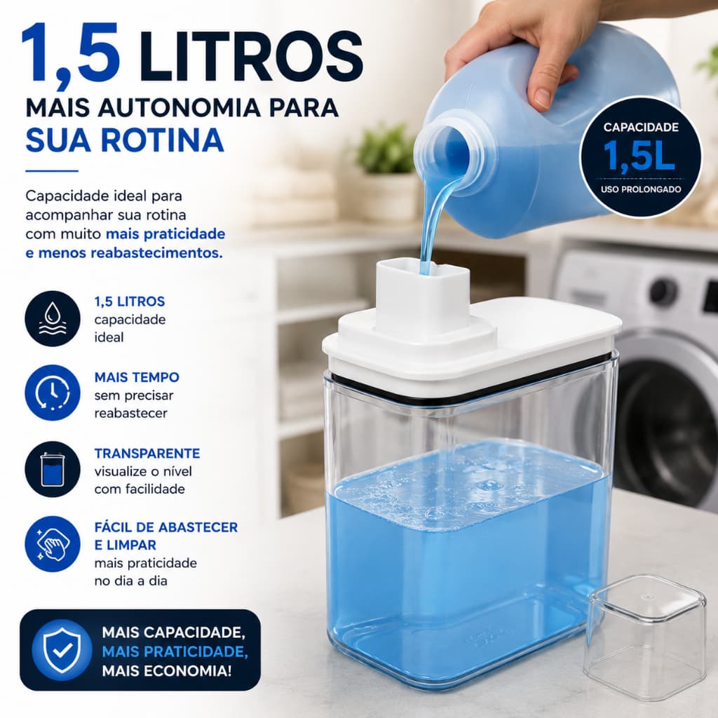 Dispenser Sabão Liquido 1,5l Transparente Vedação e Sistema Antidesperdício Cozinha, lavanderia etc...