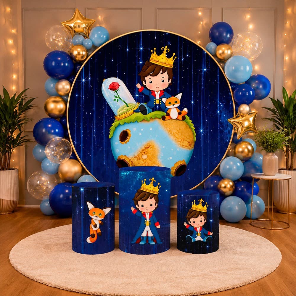 Kit Capa De Painel Redondo + Capas De Cilindro Para Festas Tema Pequeno Principe Kit Decoração Festa Infantil Menino