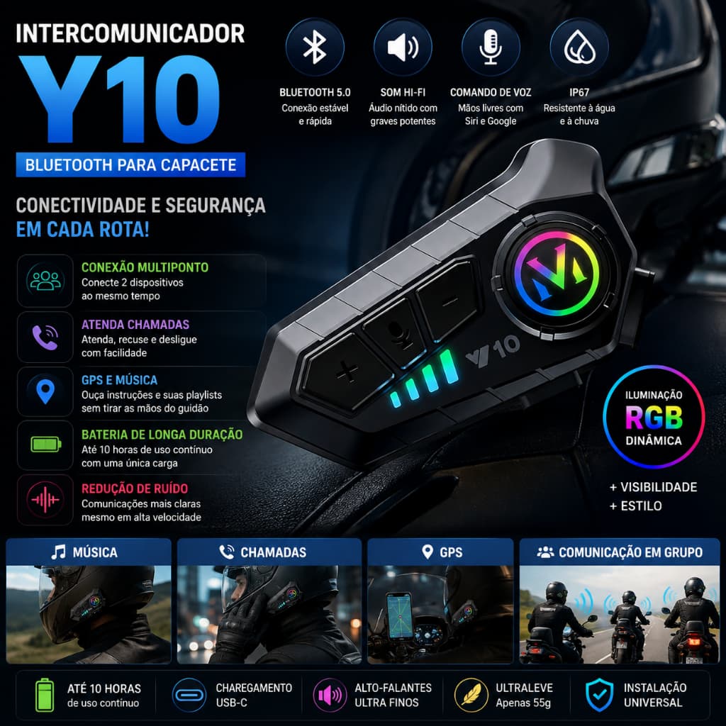 Intercomunicador Bluetooth para Capacete Moto Hi-Fi IP67 RGB USB-C Microfone Cancelamento de Ruído Y10
