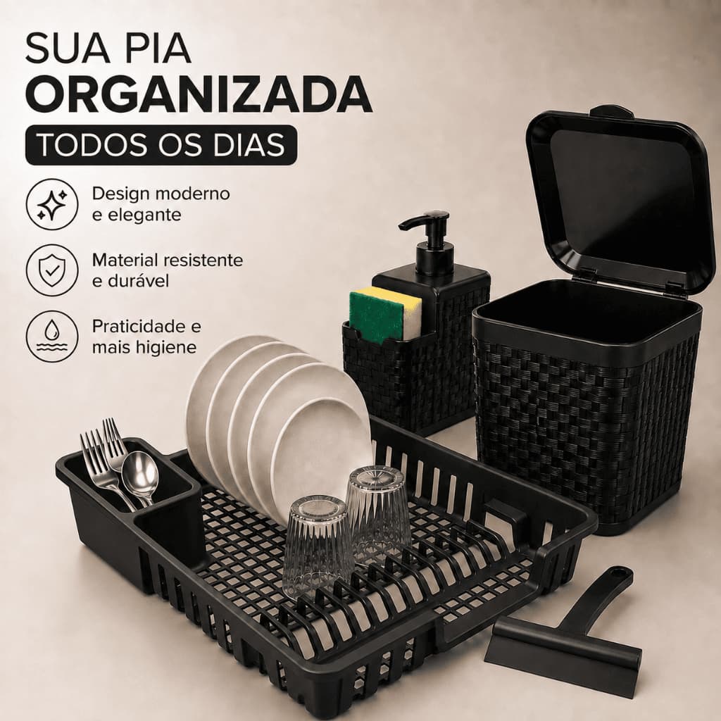 Kit Organizador de Pia Rattan Preto Lixeira 5L Escorredor Porta Detergente e Rodo Design Elegante