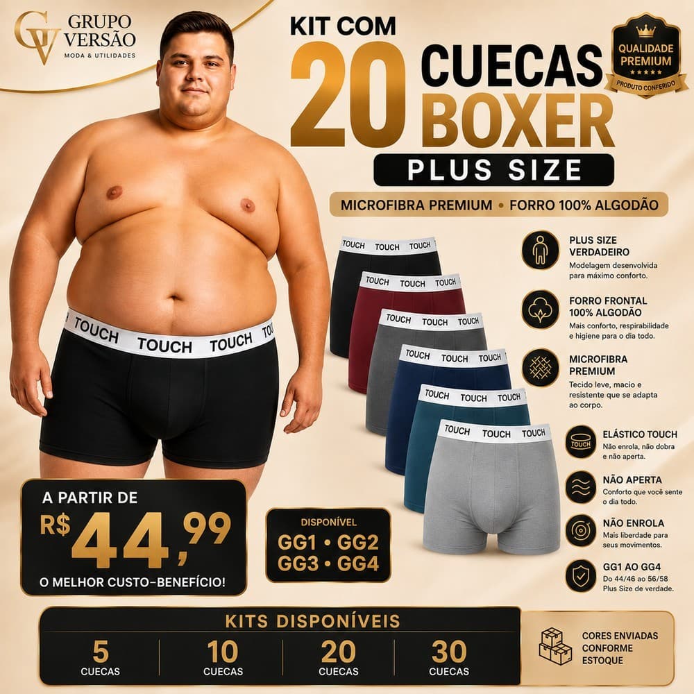 Kit Cuecas Boxer Plus Size Masculina GG1 GG2 GG3 GG4 TOUCH Microfibra Premium Forro 100% Algodão