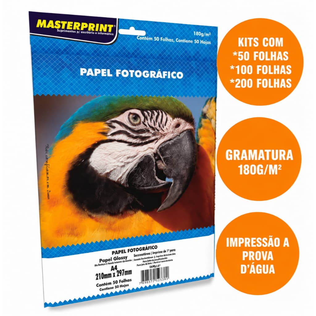 200 Folhas Papel Fotográfico 180G Glossy A4 À Prova D'água Premium MASTERPRINT