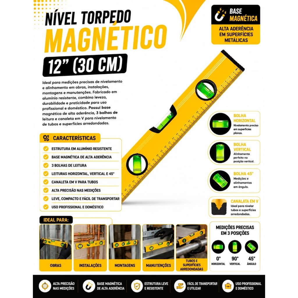 Nivel de Mão Base Magnética Tipo Torpedo 9 Polegadas 23cm Pedreiro Com Imã Bolha Niveladora