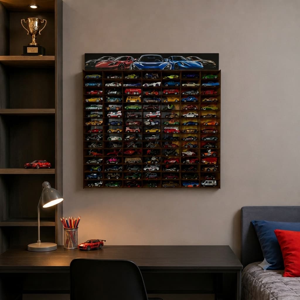 Porta Carrinhos Estante Expositor Coleção Hotwheels Miniaturas Stand Prateleira Grande Vitrine Parede Brinquedo Mdf