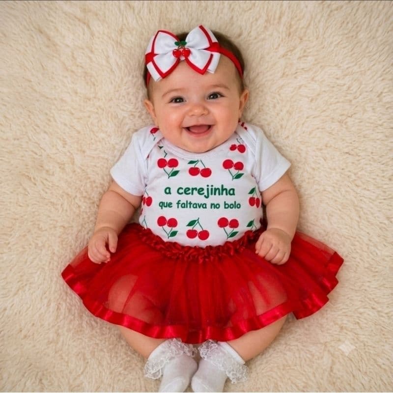 Body Bebê Cereja Cerejinha Com Saia e Laço Fantasia Mesversário Ensaio Fotográfico Promoção Bory