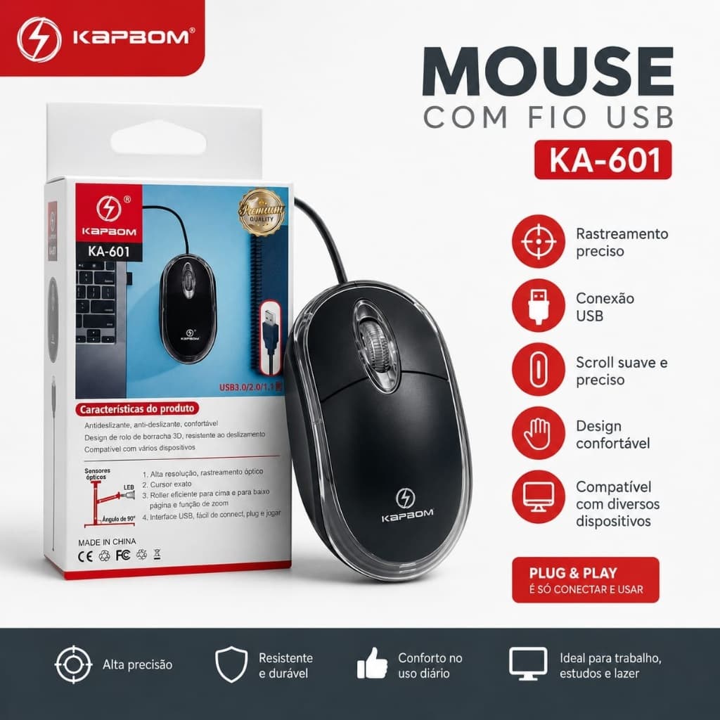 Mouse Com Fio USB Kapbom KA-601 Plug & Play Óptico Alta Precisão para Notebook e PC