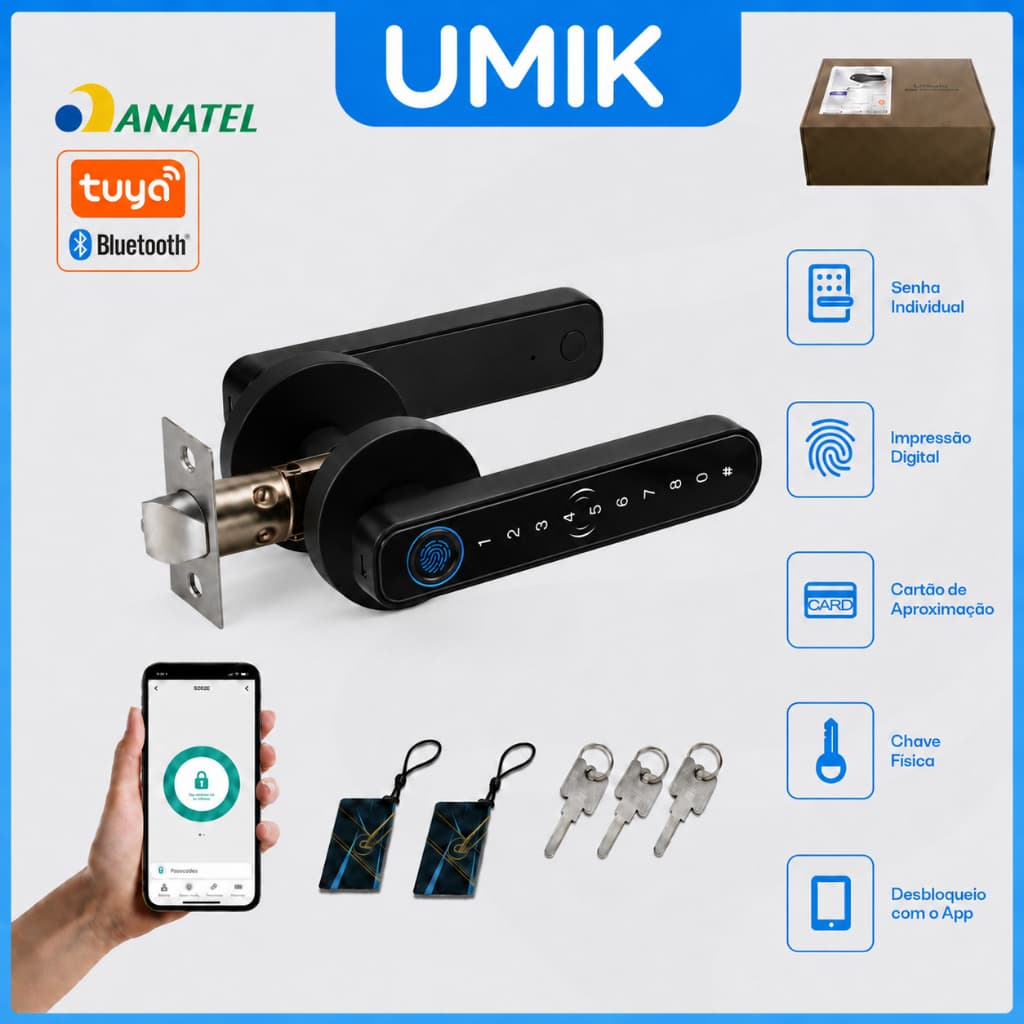 Fechadura Digital com Biometria Senha Chave App Tuya Bluetooth para Porta de Madeira Alta Segurança