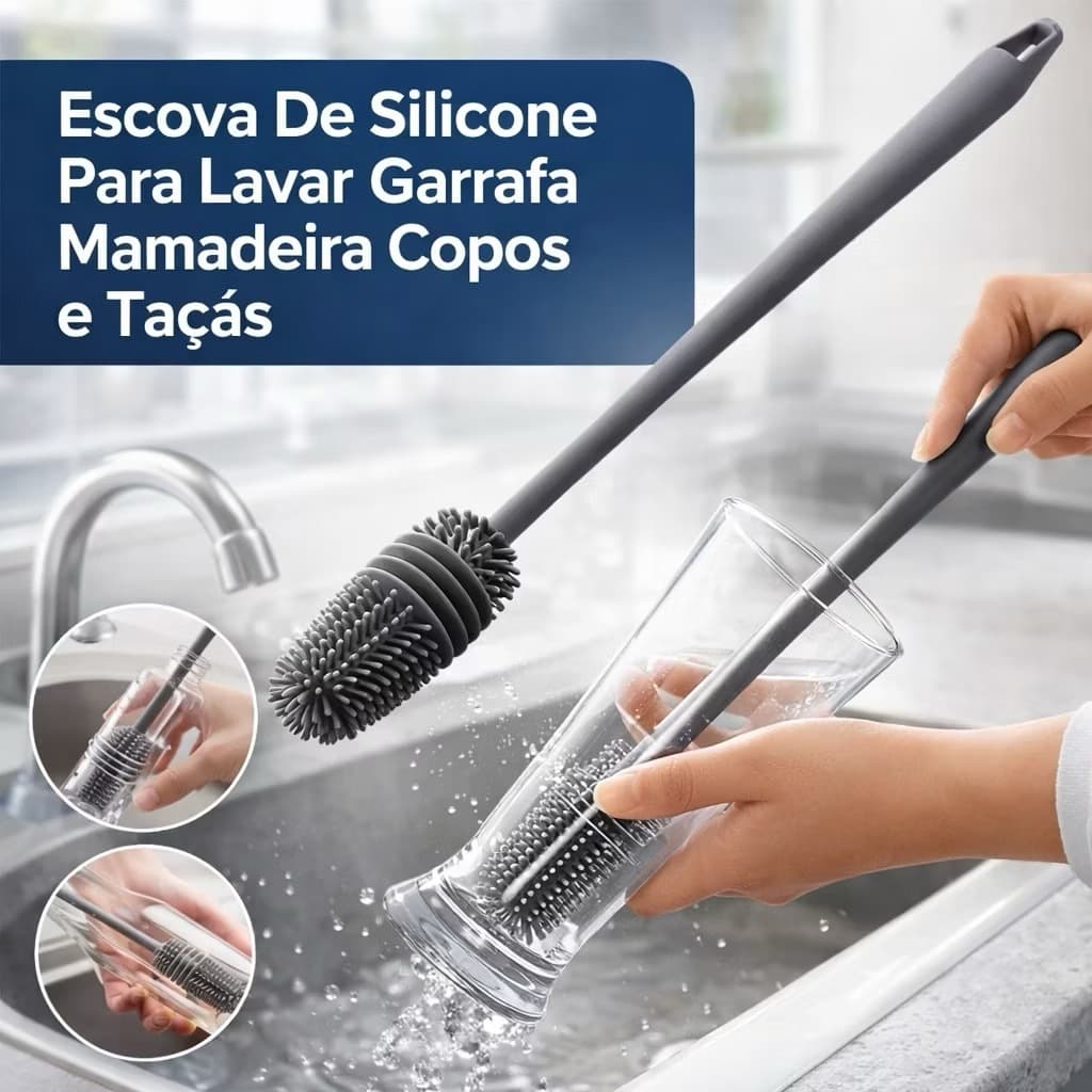 Kit 1 a 3 Escova de Silicone Para Lavar Garrafas Mamadeira Copos Taças Limpa Copos Multiuso
