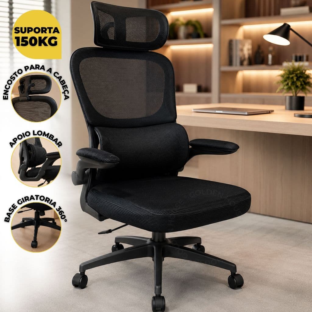 Cadeira de Escritório Presidente Ergonômica Giratória  Com Apoio Lombar - Preta