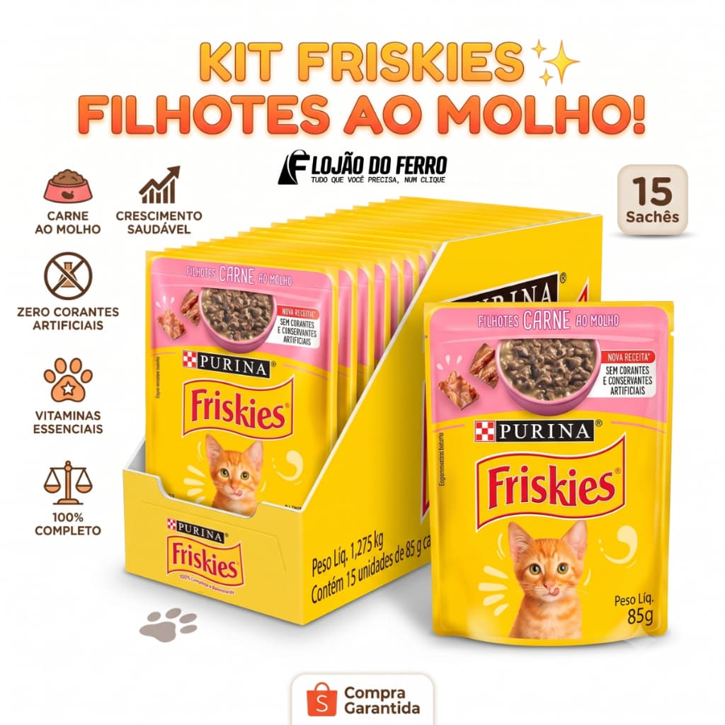 Friskies Gatos Sachê Ração Úmida Filhotes Carne | Caixa Fechada 15 Unidades 85g Purina