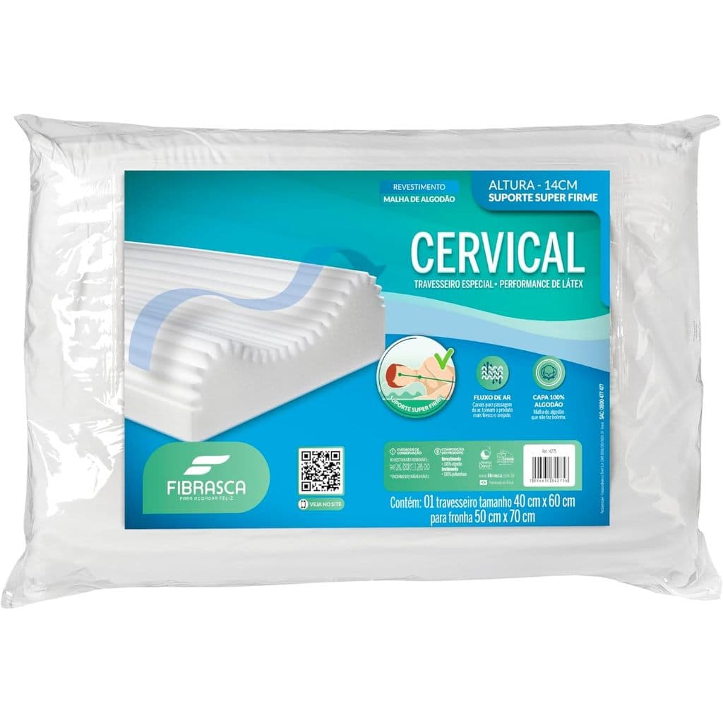 Travesseiro Cervical Fibrasca Anatômico Ortopédico Látex 40x60 Capa Algodão