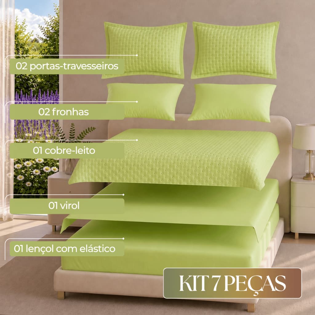 Kit 7 Peças Colcha Cobre Leito Queen Casal Microfibra 400 Fios Colonial Matte Lençol e Fronhas