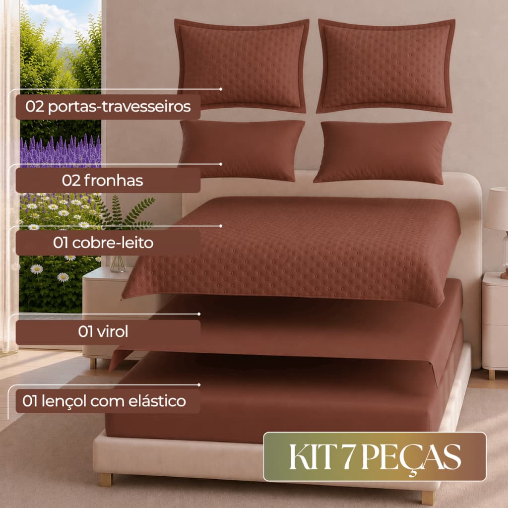 Kit 7 Peças Colcha Cobre Leito Casal Queen King Microfibra 400 Fios Colonial Matte Lençol e Fronhas