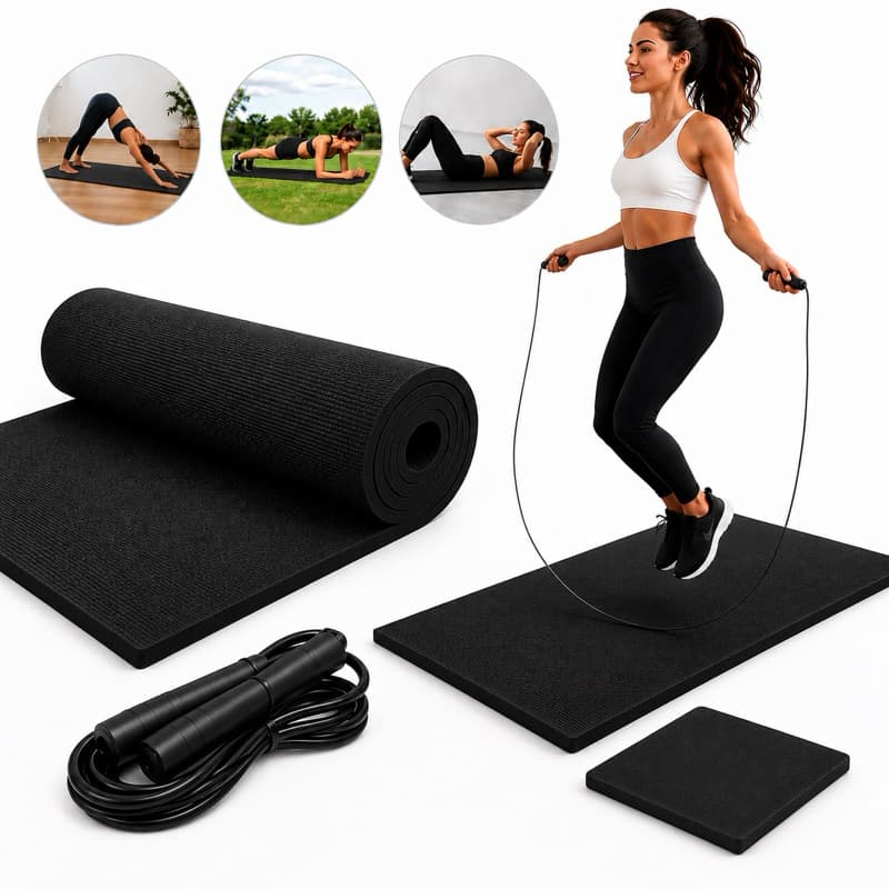 Kit Tapete EVA Fitness 100x50cm 10mm + Corda de Pular + Apoio Cabeça Treino Academia Yoga Pilates Exercícios Casa